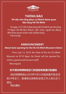 Thông báo về việc mở cổng phục vụ khách tham quan Bảo tàng Hồ Chí Minh